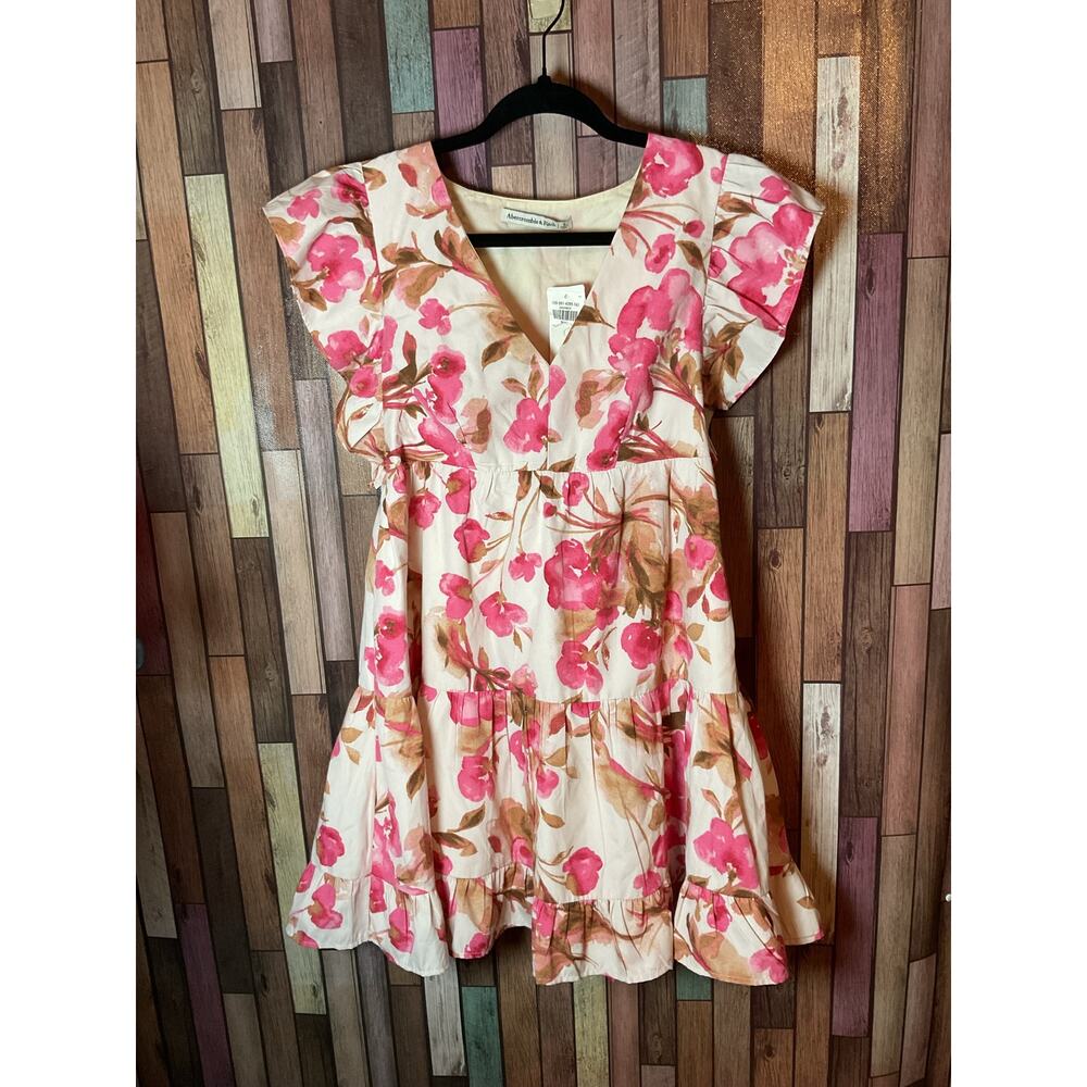 Abercrombie & Fitch Flutter Sleeve Floral Mini Dress Tiered Skirt  Pink Floral S